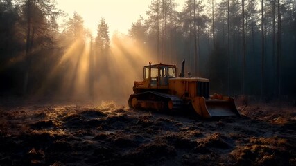Deforestation. Environment conservation. Ecosystem. A photograph of a yellow bulldozer in a forest during what appears to be either dawn or dusk. The bulldozer is positioned in the foreground.