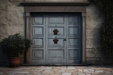 Vintage entrance door with unique iron knockers set in an old stone building with potted plant