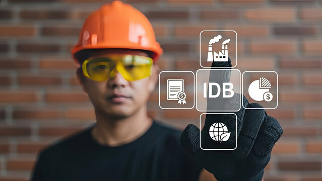 Construction worker interacting with digital interface icons