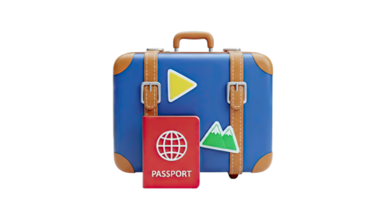 Blue suitcase with passport and travel stickers