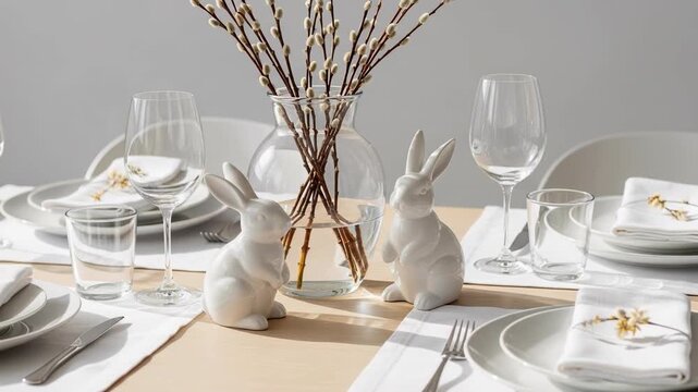 Festive Easter table setting with minimalist decorations. A modern dining table with white ceramic bunnies and a pussy willow centerpiece for a spring holiday celebration
