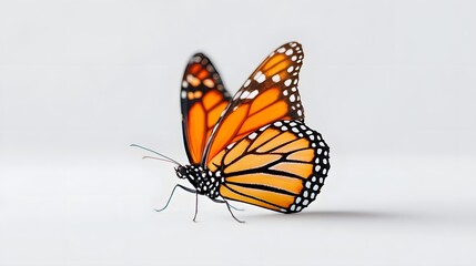 Fototapeta premium Detailed close up of a monarch butterfly showcasing its vivid orange wings with distinct black veins and white spotted borders isolated on a minimalist white backdrop