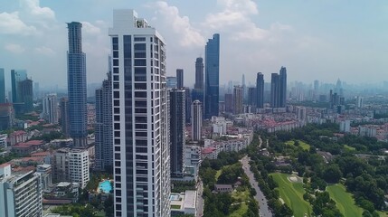 Obraz premium Aerial view of a modern cityscape featuring skyscrapers and green spaces, showcasing urban development and architectural diversity, Ideal for use in real estate, urban planning