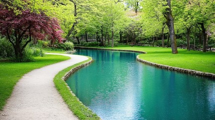 A tranquil park scene features a winding path alongside a serene turquoise river, bordered by lush greenery and vibrant trees, ideal for promoting nature retreats, wellness blogs