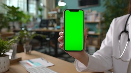 A young female doctor holds a smartphone with a bright green screen in her office. The doctor's hand is positioned prominently as sunlight filters through the background.