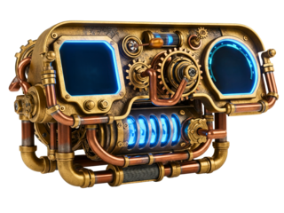Steampunk machine with brass gears and glowing blue lights on a transparent background