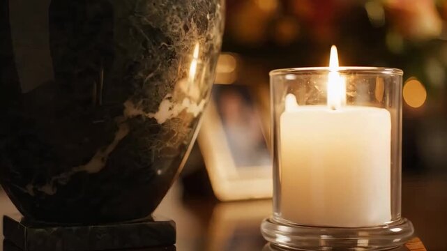 Marble cremation urn and burning candle for memorial service. Close-up of funeral vessel and flame with blurred background. Tribute and remembrance concept