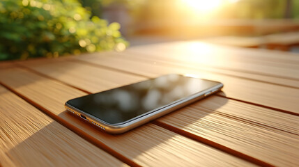 A sleek smartphone is placed on a textured wooden surface outdoors illuminated by bright golden sunlight filtering through vibrant green leaves suggesting a moment of digital connection in nature