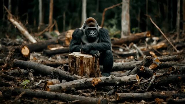 Deforestation. Environment conservation. Ecosystem. A gorilla sits atop a tree stump in a forest setting. The gorillas posture is relaxed, with its hands resting on its lap.