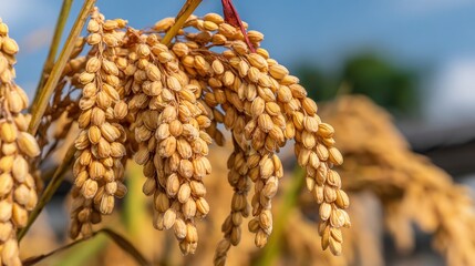 Fototapeta premium Close-up of golden grain clusters glistening in sunlight, symbolizing harvest and agriculture, Ideal for illustrating farming, food production, sustainability, or rural lifestyle in various projects,