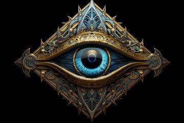 Naklejka premium Ornate golden and blue all seeing eye of providence symbol on a black background