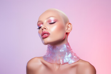 Portrait of a beautiful girl with blonde hair and pink glossy makeup in light pastel gradient colors. Fashion and beauty concept background. AI Generated