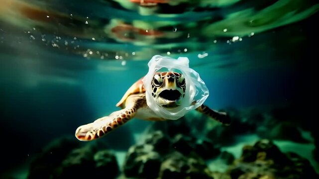 A closeup shot of a sea turtle swimming underwater, with a plastic bag wrapped around its head. The turtles mouth is open, revealing its teeth, and it appears to be in motion.