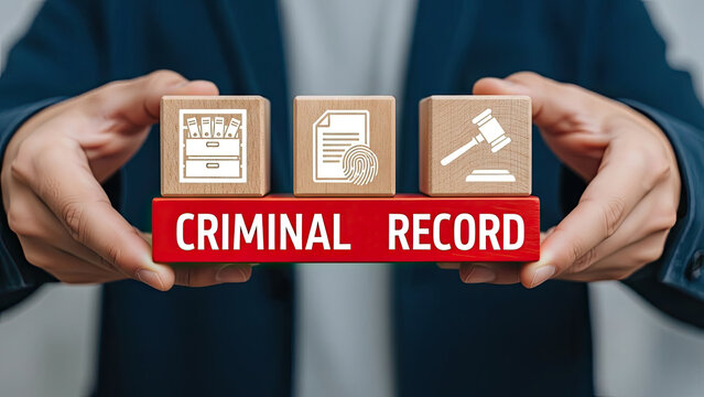 Criminal record concept with wooden blocks and icons