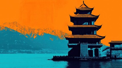A vibrant silhouette of a traditional pagoda against a striking orange backdrop, with mountains in the distance, Ideal for travel marketing, Asian culture themes, and artistic projects,