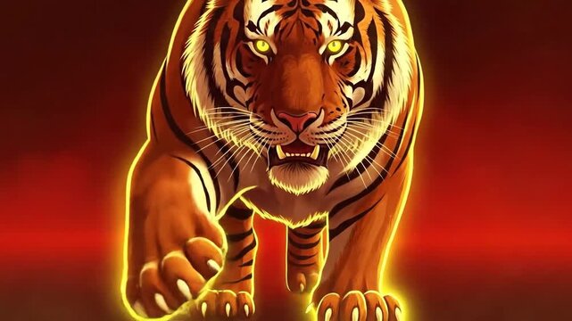 Glowing neon tiger prowling toward viewer with fierce intensity.