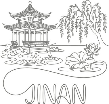 Jinan city landmark pavilion and lotus pond vector illustration