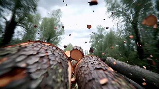 Deforestation. Environment conservation. Ecosystem. falling tree trunks and leaves in a forest with a blurred background.