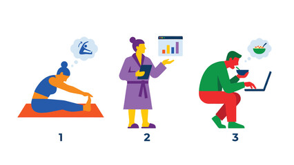 Fototapeta premium Illustrated Daily Routine: Exercise, Work, and Meal Time in Vibrant Colors