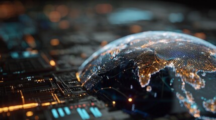 A stunning globe of Earth sits on an advanced circuit board, illuminating the intricacies of global data flow. The globe highlights global networks while details glimmer on the cir