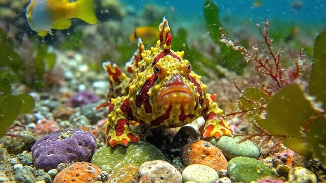 Eye-level underwater shot showcasing a warty frogfish, a master of camouflage, with colorful patterns and surrounded by pebbles and seaweed