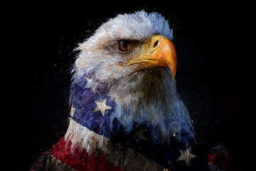 Portrait of bald eagle with American flag colors, patriotic symbol, freedom and strength, digital painting on dark background.