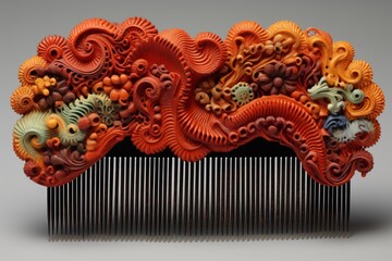 Ornate carved red coral hair comb featuring intricate floral, swirl, and organic patterns