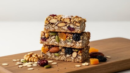 Close-up of granola bars with oats, nuts, seeds, and dried fruit on a wooden surface. A healthy, visually rich snack scene, perfect for healthy eating. AI generated.