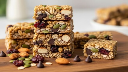 Close-up of granola bars with oats, nuts, seeds, and dried fruit on a wooden surface. A healthy, visually rich snack scene, perfect for healthy eating. AI generated.