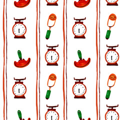 Vintage kitchen scales and pepper pattern for restaurant menu backgrounds