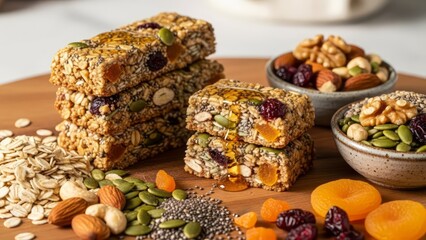 Close-up of granola bars with oats, nuts, seeds, and dried fruit on a wooden surface. A healthy, visually rich snack scene, perfect for healthy eating. AI generated.