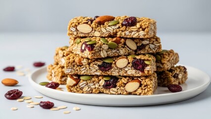 Close-up of granola bars with oats, nuts, seeds, and dried fruit on a wooden surface. A healthy, visually rich snack scene, perfect for healthy eating. AI generated.