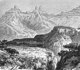 Mountain landscape in Abyssinia with rugged terrain, 1899