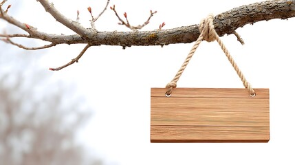 A rustic empty wooden sign with visible wood grain hangs from a textured tree branch using a coiled rope offering ample copy space in a natural softly focused outdoor setting