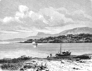 Shoreline of Lake Tanganyika with clear waters and vegetation, 1899