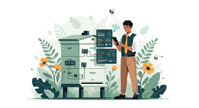 Modern beekeeping technologies illustration showcasing apiary management using smart technology