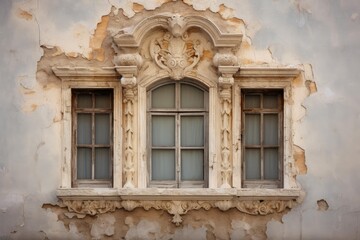 Elegant baroque window with peeling paint on an aged plastered wall