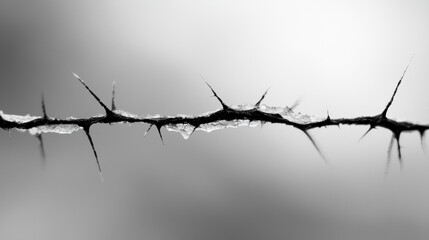 A close-up of a thorny branch with ice crystals on it.