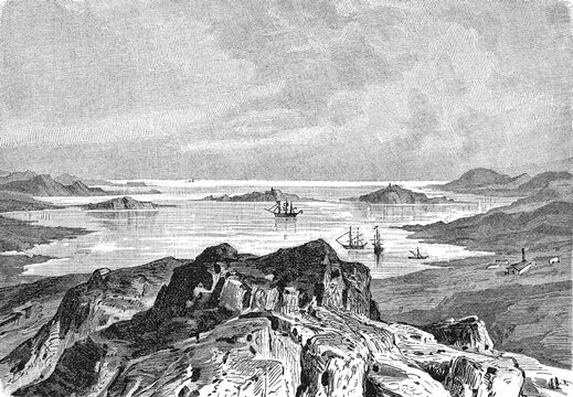 L&uuml;deritz Bay in southwest Africa with harbor activities, 1899