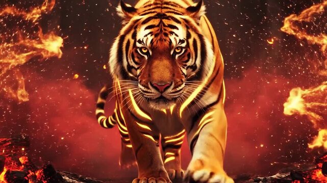 Majestic tiger prowling through fiery glowing embers.