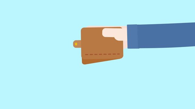 Animated Brown Leather Wallet Opening on Blue Background.