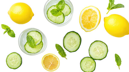 Fresh lemon and cucumber slices on transparent background