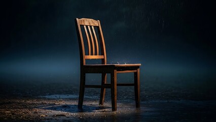 Loneliness in the Rain: Empty Wooden Chair in the Dark
