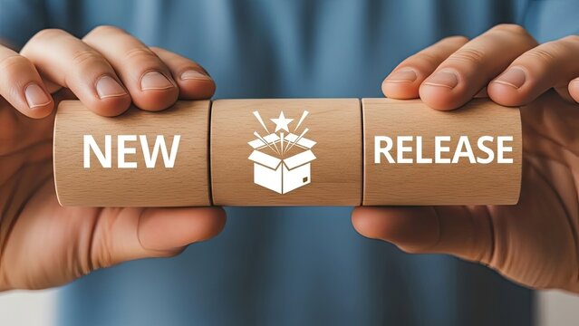 Hands holding wooden blocks with new release announcement