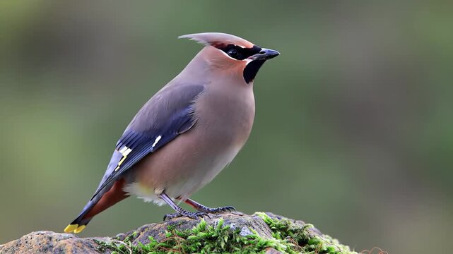 Beautiful Bohemian Waxwing bird perched on mossy rock in nature, birdwatching. Bird watching, wildlife, animal, nature.