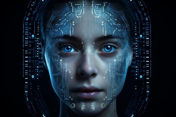Cyborg face displaying blue eyes and glowing electronic circuit patterns on a black background