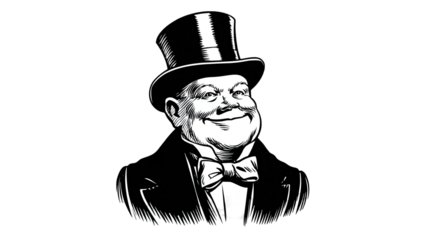 A retro vector illustration of a smiling gangster gentleman wearing a black business suit and hat, depicting a stylish mafia businessman or magician character