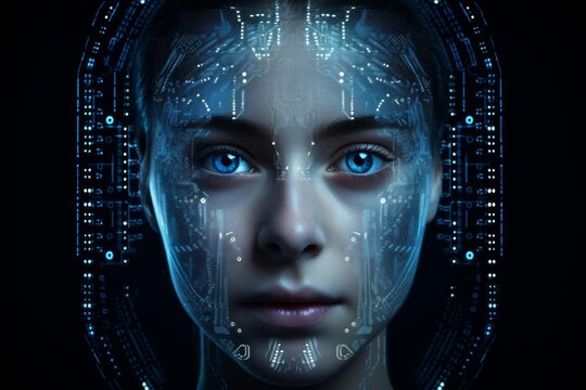 Cyborg face displaying blue eyes and glowing electronic circuit patterns on a black background - Powered by Adobe