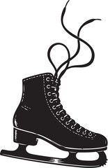 Classic black and white illustration of a single figure ice skate with long untied laces floating above the blade isolated on white background