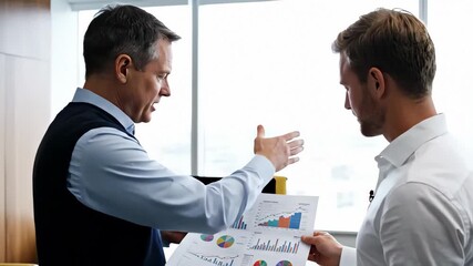 Senior manager explaining financial charts to a junior colleague. Two businessmen analyzing data on a printed report in a modern office. Corporate strategy discussion - Powered by Adobe